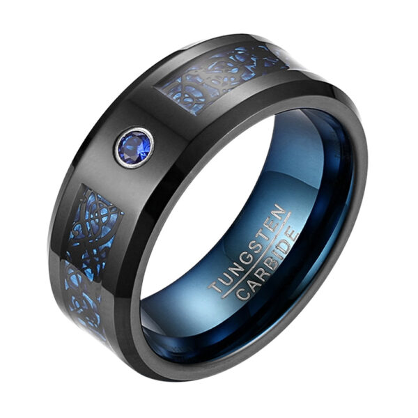 Blue Zircon and Ornate Black Wedding Band