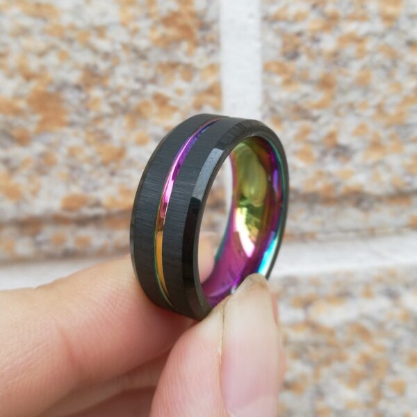 Rainbow Lined Black Brushed Wedding Band - Image 4