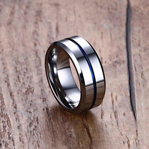 Blue Line Smooth Silver Wedding Band - Image 3